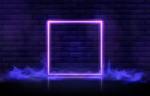 Abstract futuristic background of square neon frame and smoke Premium Vector