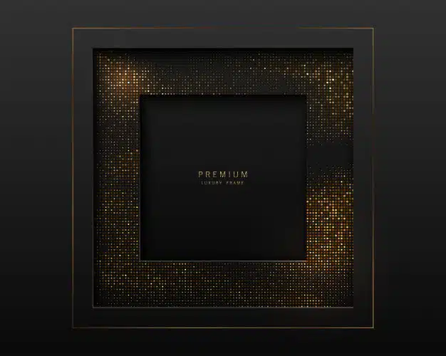 Black and gold abstract square luxury frame. sparkling sequins on black background. label Premium Vector