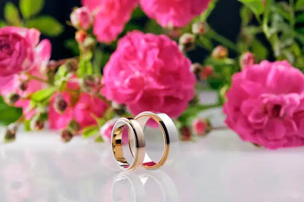 Men's and women's wedding rings and roses Premium Photo