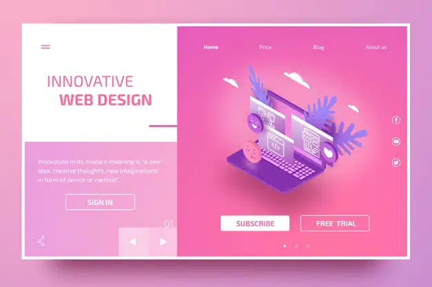 Modern landing page template with isometric laptop Free Vector