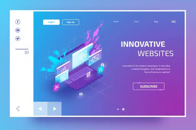 Modern landing page with isometric laptop Free Vector