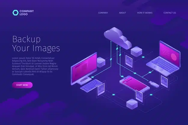 Technological concept for uploading images landing page Free Vector