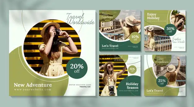 Travel sale instagram posts with photo pack Free Vector
