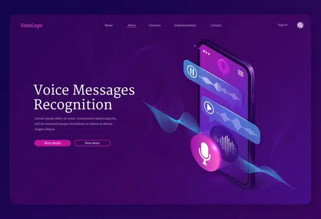 landing page with isometric illustration of smartphone with voice chat and microphone Free Vector