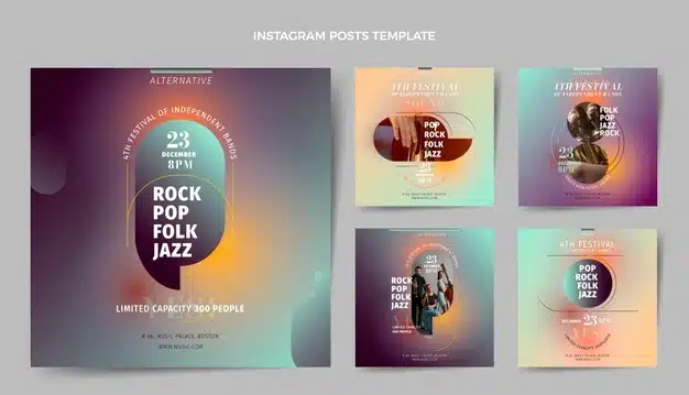 Gradient texture music festival instagram posts collection Free Vector