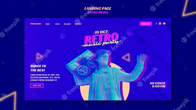 Retro music party landing page template Premium Psd
