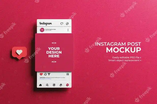 3d instagram interface with 3d love react for social media post mockup Premium Psd