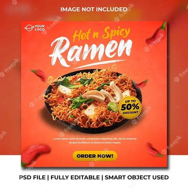 Hot spicy ramen noodle social media instagram post banner template Premium Psd