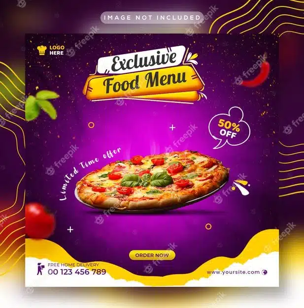 Restaurant menu and delicious fastfood pizza social media post web banner template Premium Psd