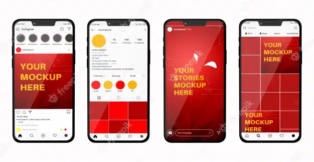 Smartphone mockup with social media feed and stories Premium Psd