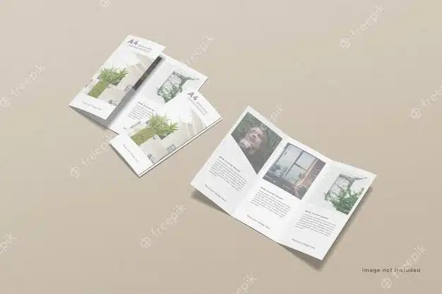 Trifold brochure mockup design on high angle Premium Psd