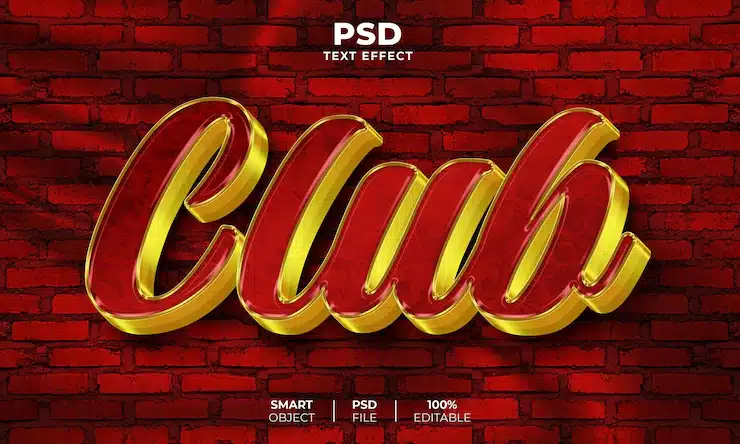 Red club 3d editable text effect Premium Psd