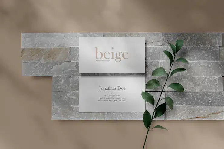 Clean minimal business card mockup on stone plates with small leaves background.