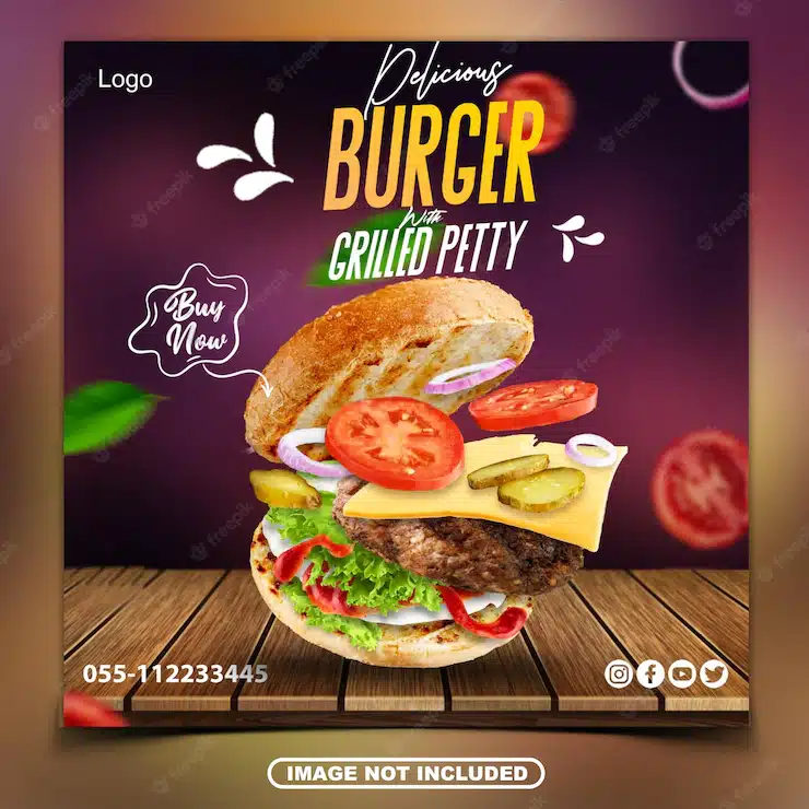 Delecious burger with grilled patty social media post design