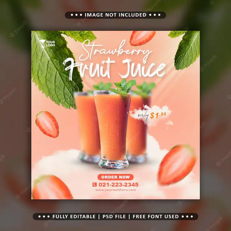 Strawberry juice drink food menu social media feed banner template